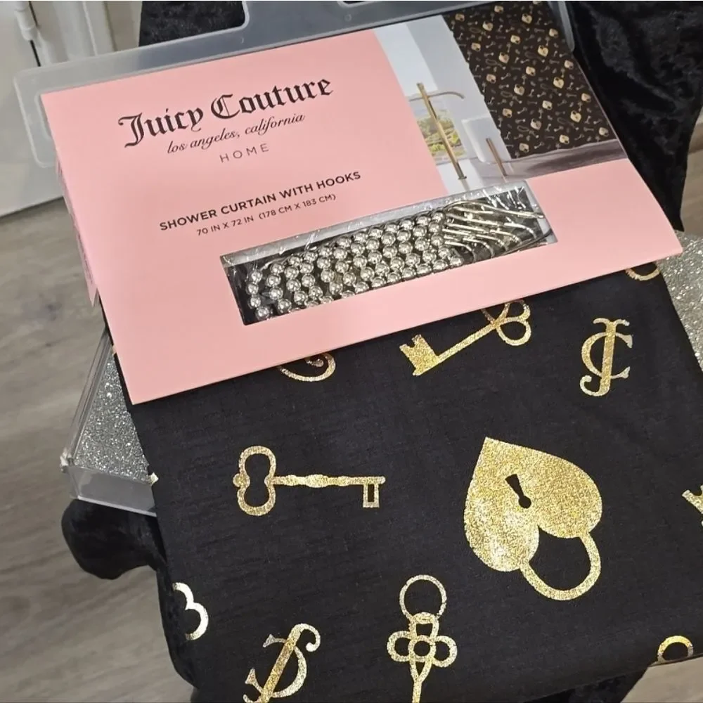 Juicy Couture Home JC Logo Heart Lock & Key Fabric‎ Shower Curtain w/Hooks